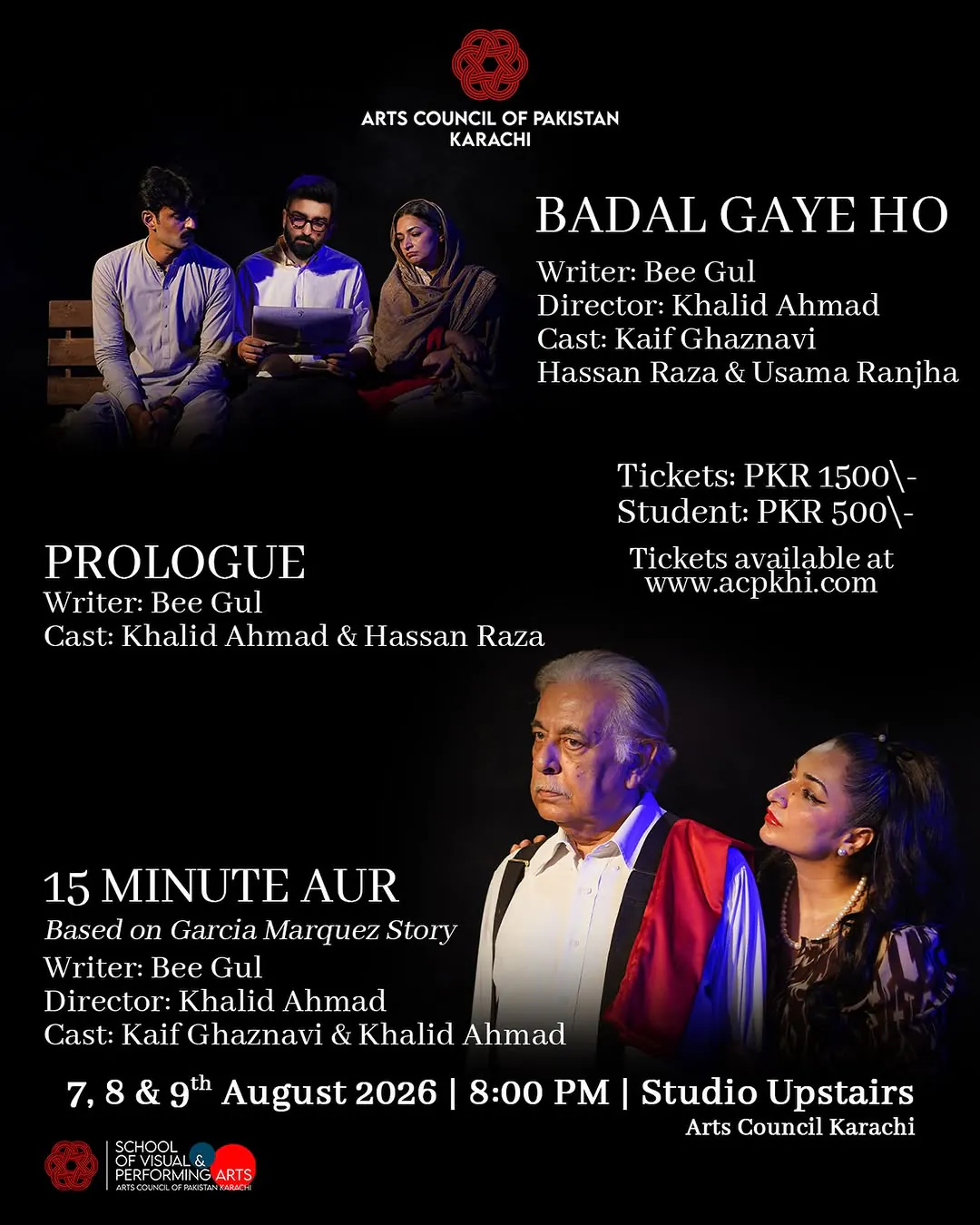 An Evening of Three Plays: Badal Gaye Ho, Prologue & Pandrah Minute Aur at Studio Upstairs, Arts Council Karachi