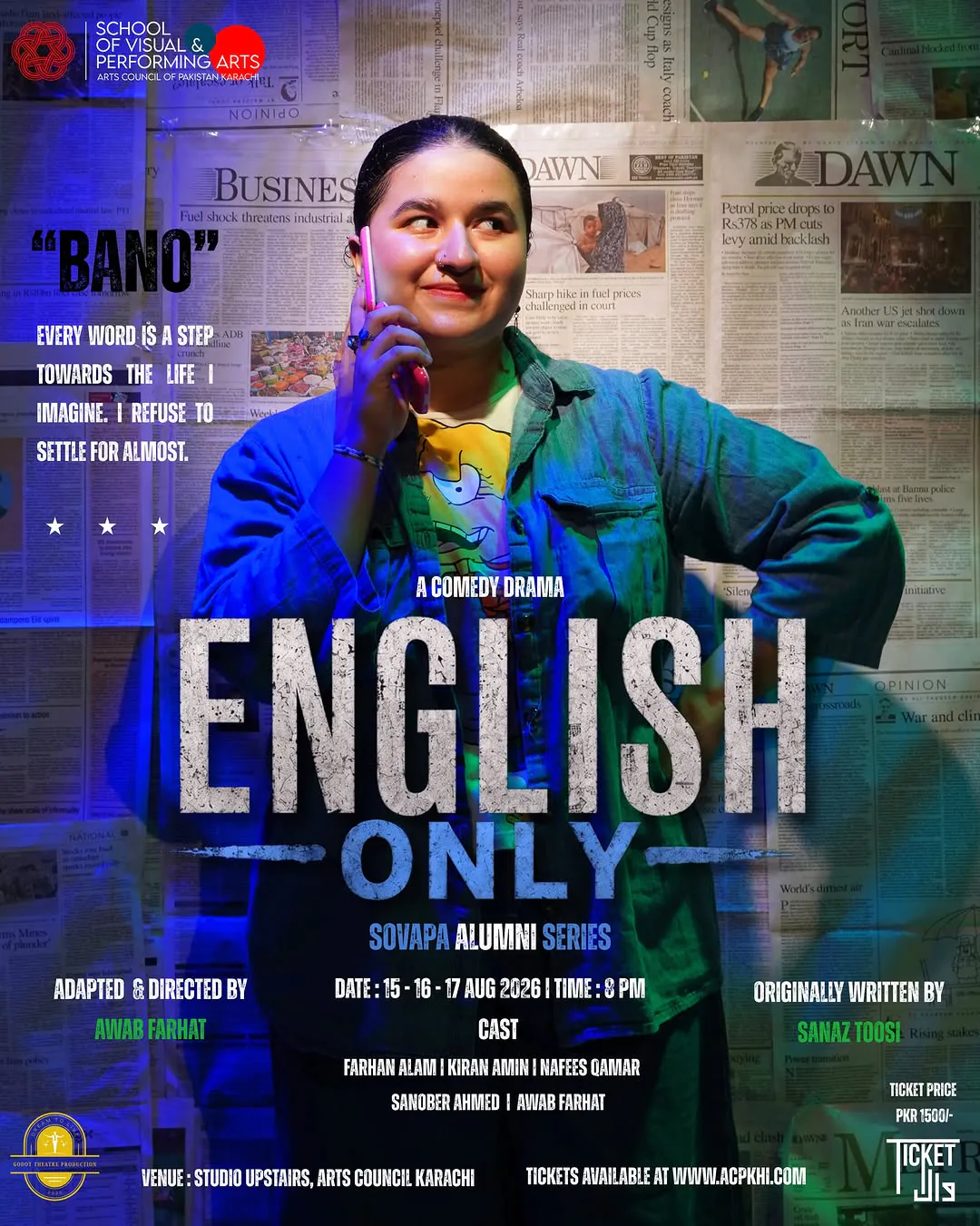 English Only — A Comedy Drama at Studio Upstairs, Arts Council Karachi