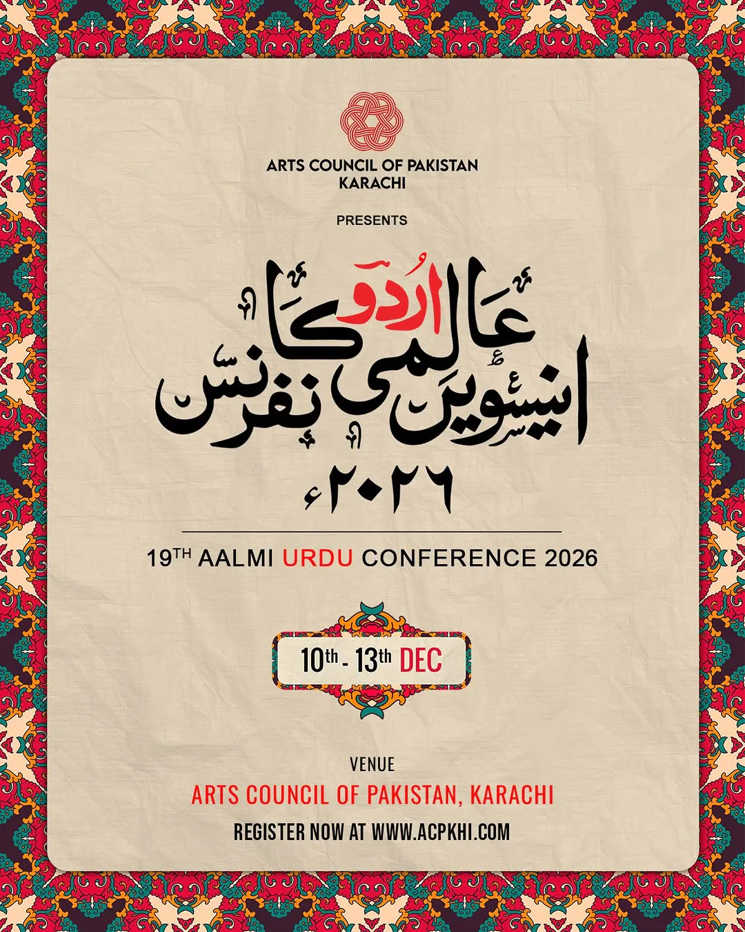 19th Aalmi Urdu Conference 2026 at Arts Council of Pakistan, Karachi